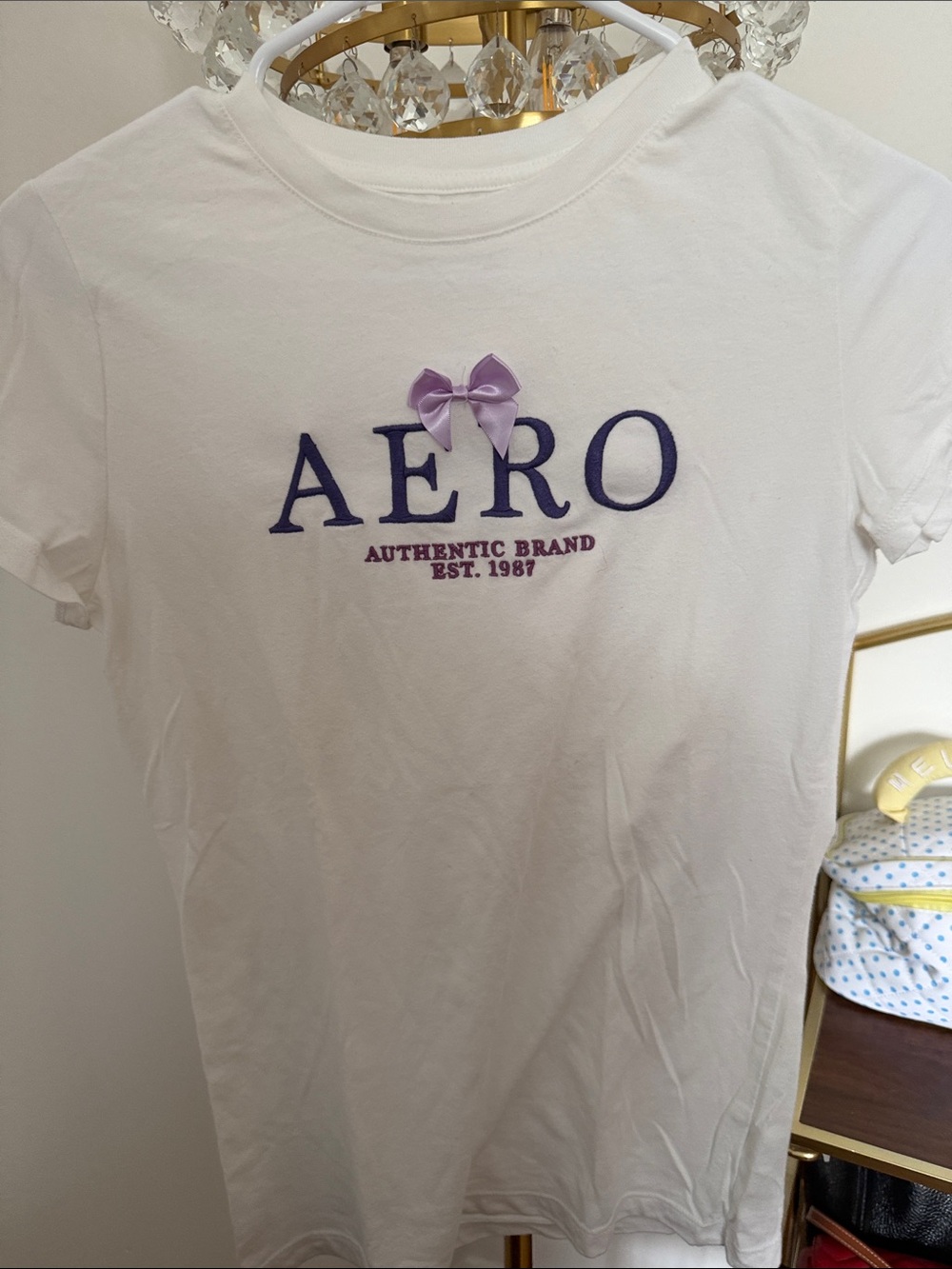AERO Girls' White Short Sleeve Logo Tee with Lavender Bow